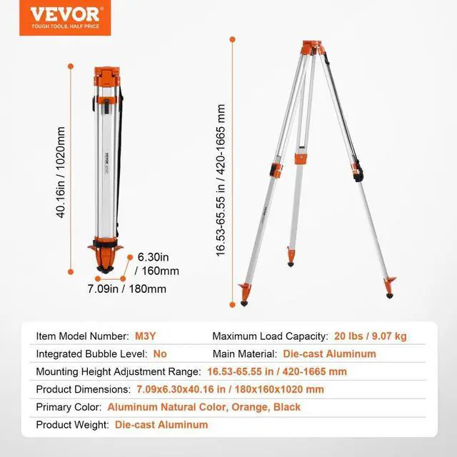 Alt view image 7 of 7 - VEVOR Laser Level Tripod Stand 5/8"-11 Thread 16.53-65.55 in Height Adjustment