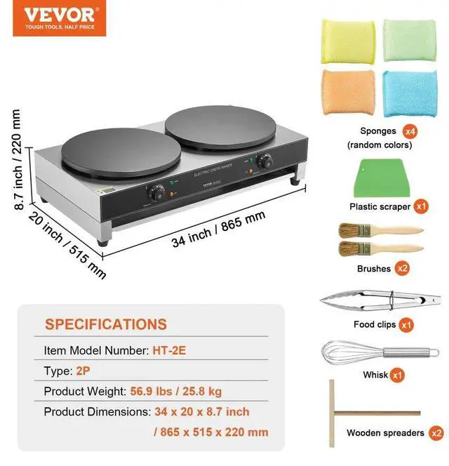 Alt view image 7 of 7 - VEVOR 16-Inch Electric Crepe Maker Commercial Crepe Machine 3400W Double Head
