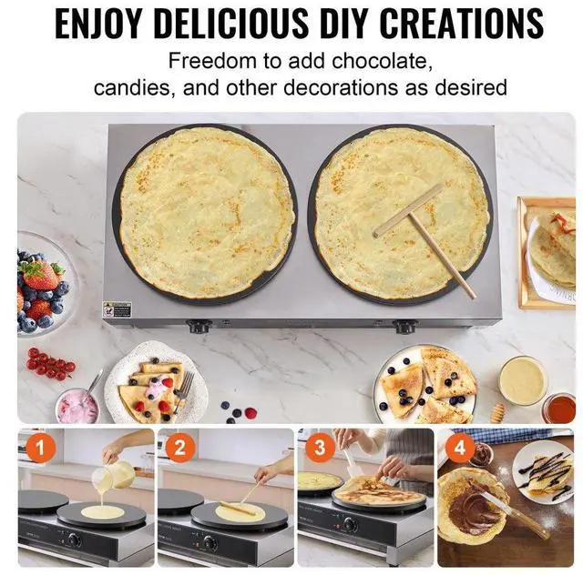 Alt view image 6 of 7 - VEVOR 16-Inch Electric Crepe Maker Commercial Crepe Machine 3400W Double Head