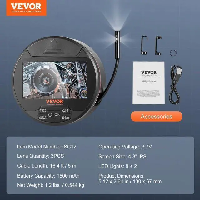 Alt view image 7 of 14 - VEVOR  Borescope Triple Lens Endoscope Camera with 4.3" IPS Screen 8 + 2 Lights