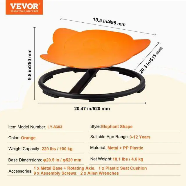 Alt view image 7 of 7 - VEVOR Elephant Kids Swivel Chair, 220 LBS Capacity, 360° Spinning Chair, Autistic Kids Sensory Toy Chair with Non-Slip Metal Base, Toddler Sit and Spin Chair for Coordination Balance Focus Orange