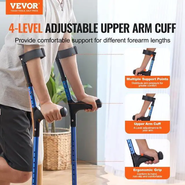 Alt view image 2 of 14 - VEVOR Forearm Crutches Aluminum Walking Crutches with Adjustable Height & Cuffs