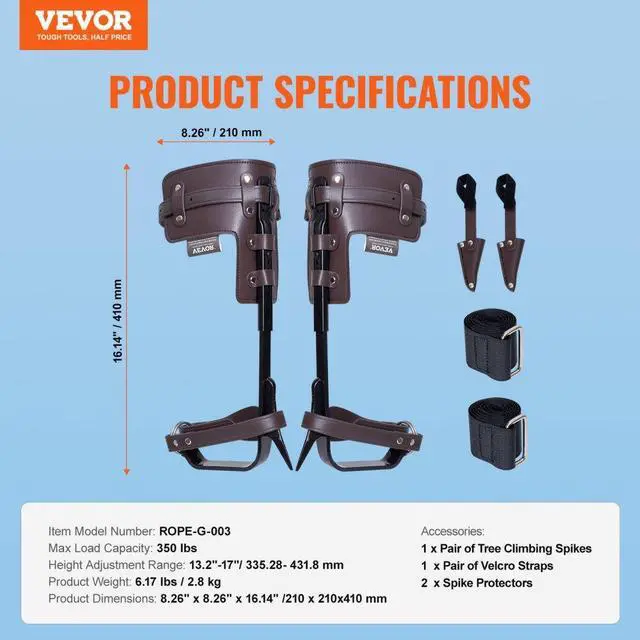 Alt view image 7 of 7 - VEVOR Tree Climbing Spikes Climbing Spurs Alloy Steel Arborist Equipment Brown