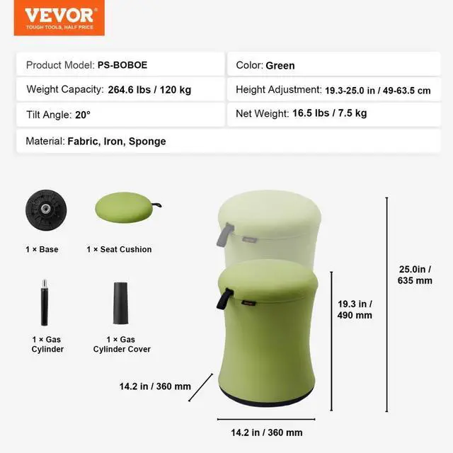 Alt view image 7 of 7 - VEVOR  Wobble Chair, Height-Adjustable (19.3-25") Wobble Chair with Fabric Cover, Flexible Seating Wobble Stool Made of Iron & Sponge, Ideal for School, Office & Home, 20° Tilt Angle, Green