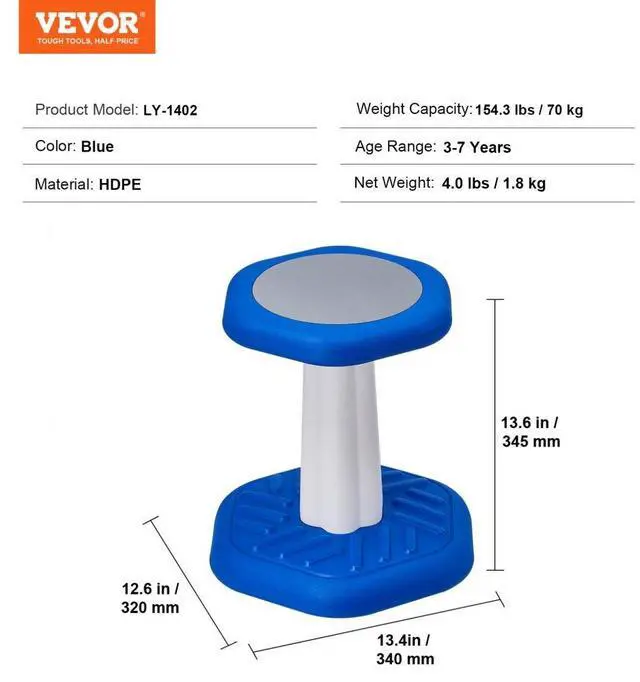 Alt view image 7 of 7 - VEVOR Kids Wobble Chair, Active Chair with Sponge Cushion, Wobble Stool Improves Focus, Posture and Calm Children, Ideal for Schools and Preschools, Age 3-7, Blue