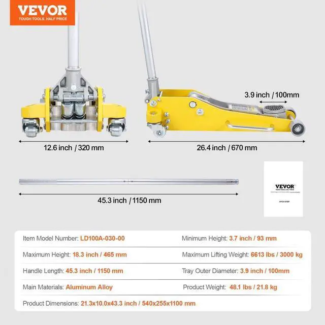 Alt view image 7 of 7 - VEVOR  Low Profile Floor Jack 3 Ton Heavy Duty Dual Piston Rapid Pump