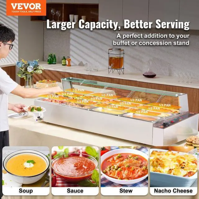 Alt view image 2 of 7 - VEVOR Commercial Electric Food Warmer Countertop Buffet 12*8Qt with Glass Shield