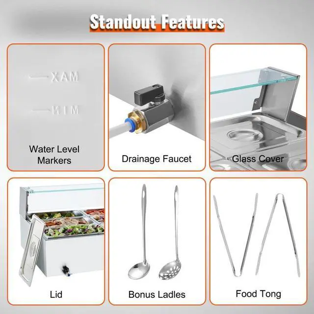 Alt view image 6 of 7 - VEVOR Commercial Electric Food Warmer Countertop Buffet 12*8Qt with Glass Shield