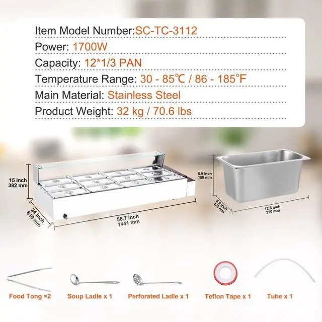 Alt view image 7 of 7 - VEVOR Commercial Electric Food Warmer Countertop Buffet 12*8Qt with Glass Shield