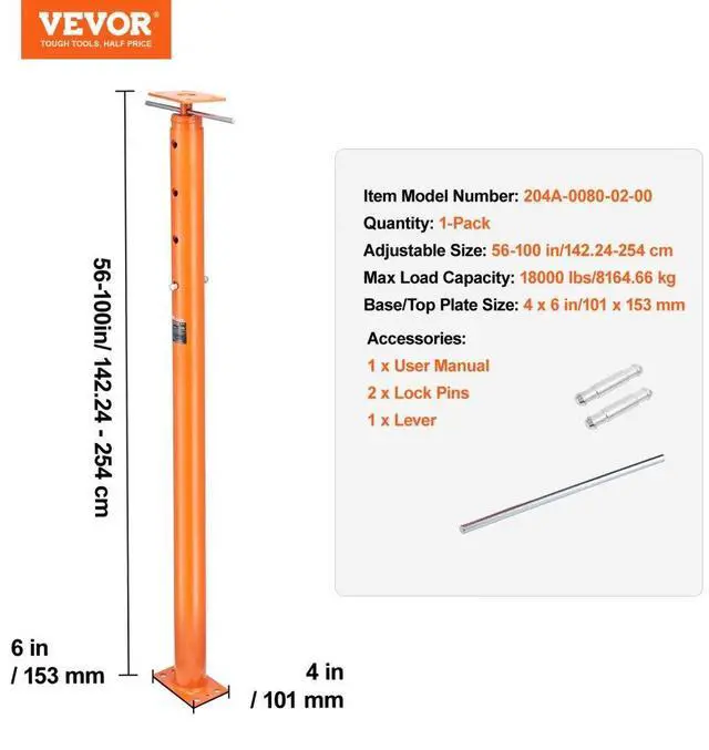 Alt view image 7 of 7 - VEVOR Adjustable Floor Jack Post House Floor Leveling Lift 56"-100" Height Range