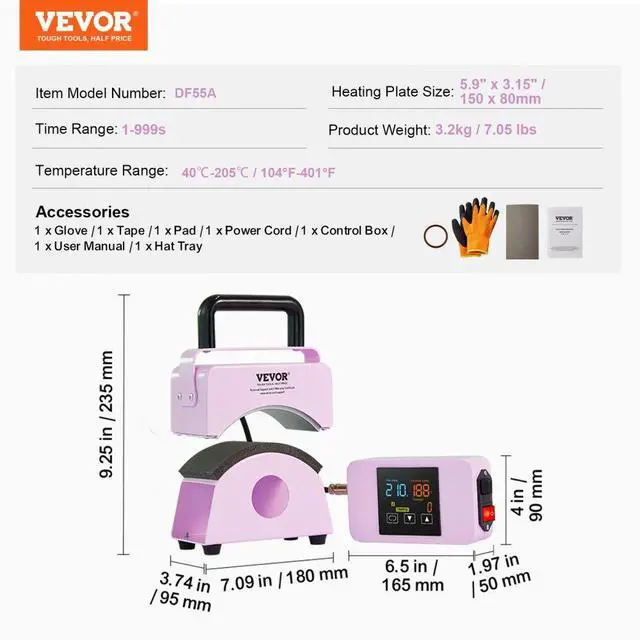 Alt view image 7 of 7 - VEVOR Hat Press Machine Mini Hat Heat Press for Caps 5.9x3.15 inch Plate Purple