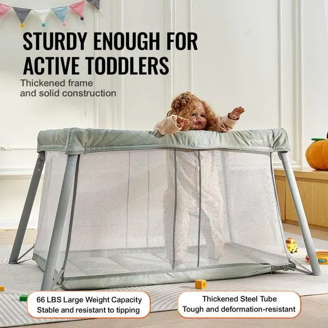 Alt view image 4 of 7 - VEVOR Baby Travel Crib and Play Yard Folding Baby Playpen with Soft Mattress Pad