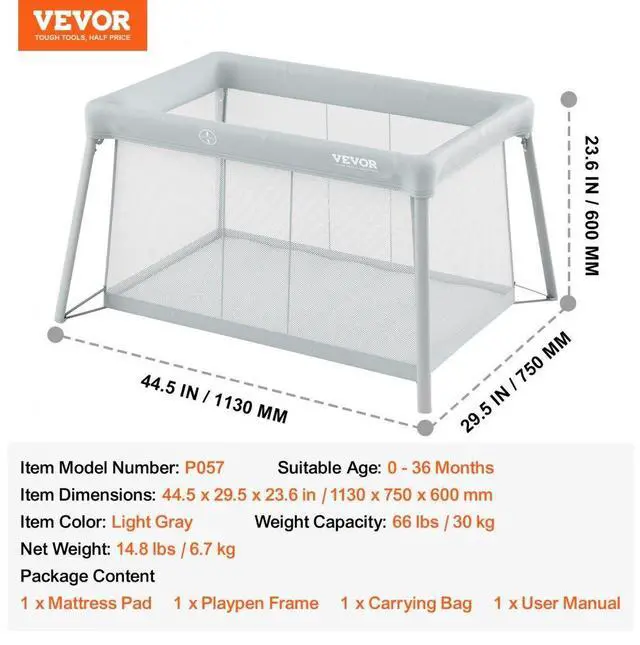 Alt view image 7 of 7 - VEVOR Baby Travel Crib and Play Yard Folding Baby Playpen with Soft Mattress Pad