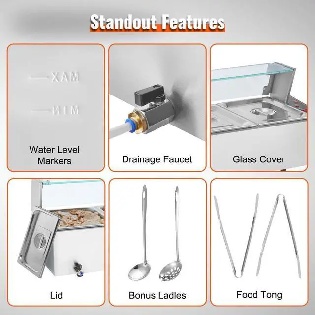 Alt view image 6 of 7 - VEVOR  Commercial Electric Food Warmer Countertop Buffet 5*8Qt with Glass Shield