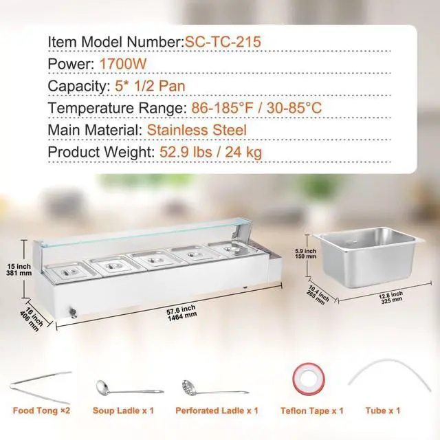 Alt view image 7 of 7 - VEVOR  Commercial Electric Food Warmer Countertop Buffet 5*8Qt with Glass Shield
