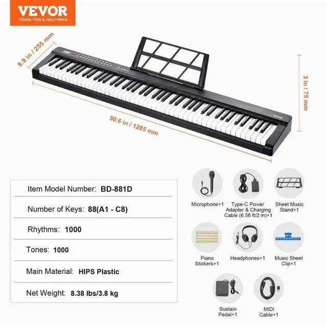 Alt view image 7 of 7 - VEVOR 88 Key Digital Piano Keyboard Semi Weighted Full Size Electric Portable
