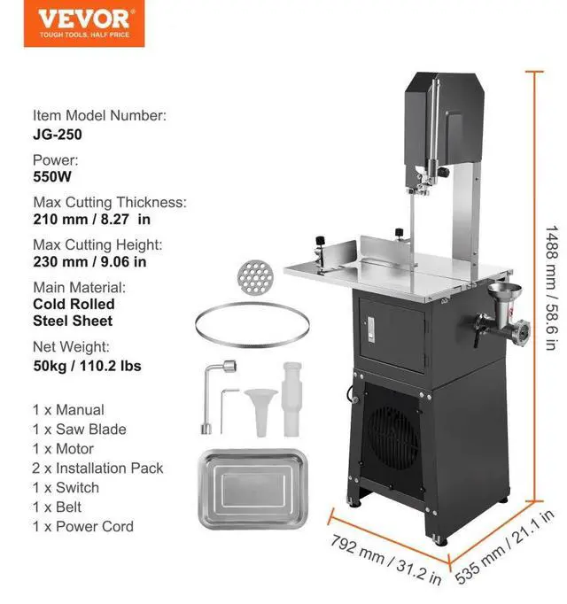 Alt view image 7 of 14 - VEVOR 550W Commercial Electric Meat Bandsaw Stainless Steel Bone Sawing Machine