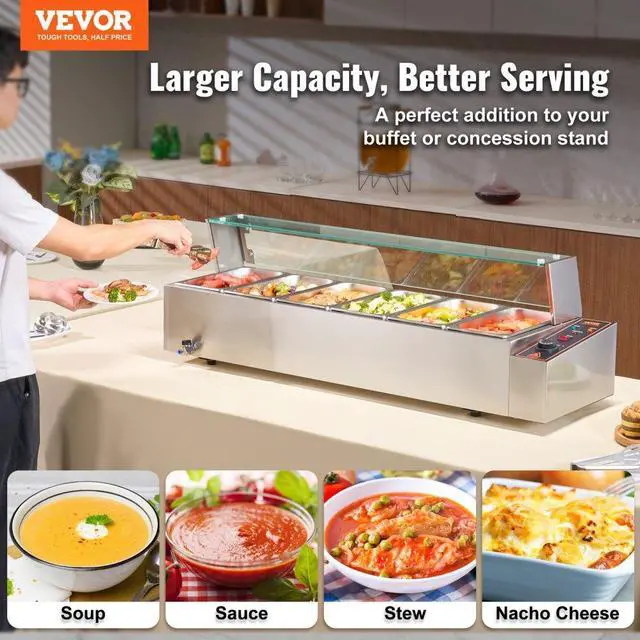 Alt view image 2 of 7 - VEVOR  Commercial Electric Food Warmer Countertop Buffet 6*5Qt with Glass Shield