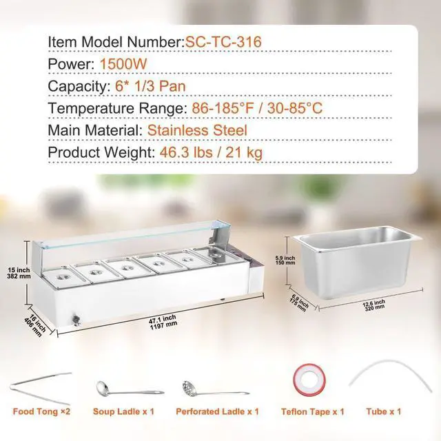 Alt view image 7 of 7 - VEVOR  Commercial Electric Food Warmer Countertop Buffet 6*5Qt with Glass Shield