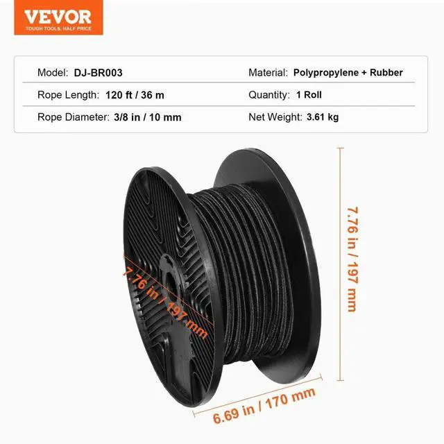 Alt view image 7 of 7 - VEVOR 3/8in Bungee Cord 120 ft/36 m Spool Heavy Duty Bungee Straps 100% Stretch