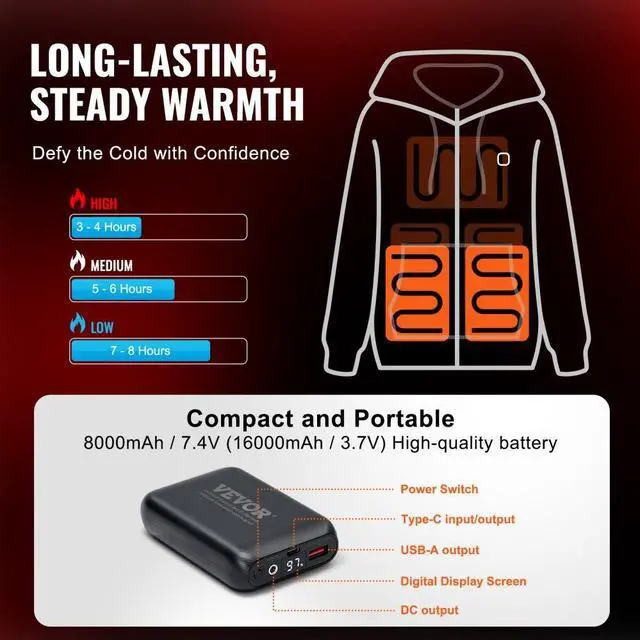 Alt view image 3 of 7 - VEVOR Heated Hoodie Sweatshirt Zip Up Unisex with Battery for Men&Women S Black