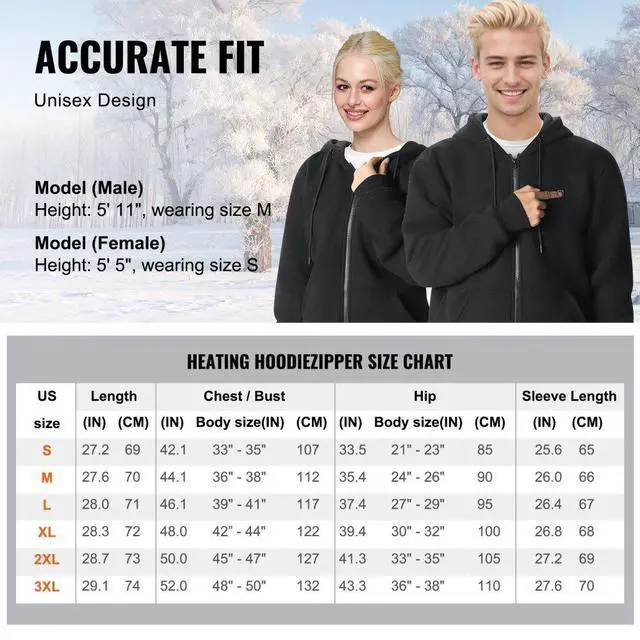 Alt view image 5 of 7 - VEVOR Heated Hoodie Sweatshirt Zip Up Unisex with Battery for Men&Women S Black