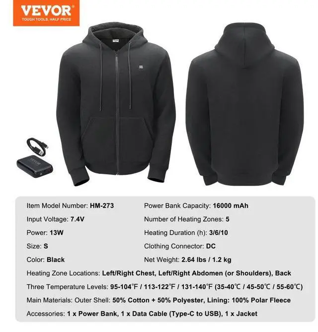 Alt view image 7 of 7 - VEVOR Heated Hoodie Sweatshirt Zip Up Unisex with Battery for Men&Women S Black