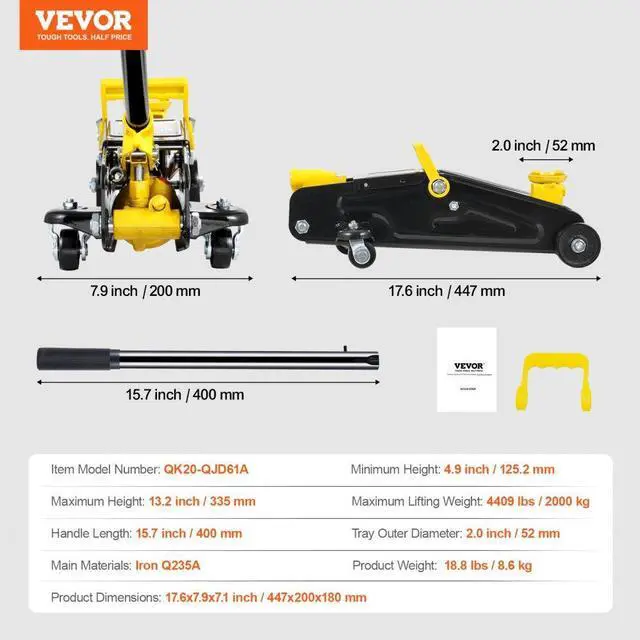 Alt view image 7 of 7 - VEVOR Low Profile Floor Jack 2 Ton Heavy Duty Single Piston Hydraulic Pump