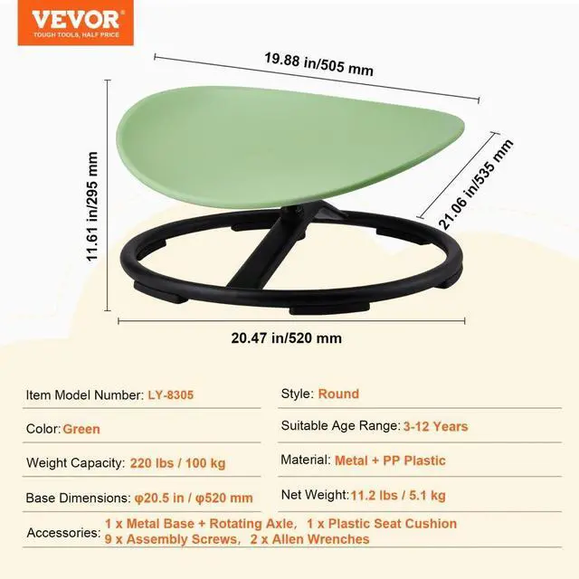 Alt view image 7 of 7 - VEVOR Kids Swivel Chair, 220 LBS Capacity, Sensory Spinning Chair, Autistic Kids Sensory Toy Chair with Non-Slip Metal Base, Toddler Sit and Spin Chair for Coordination Balance Focus Training Green