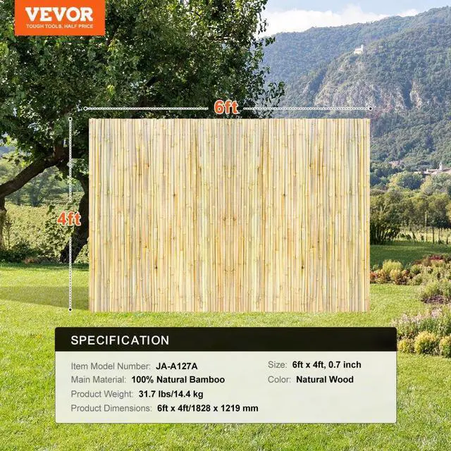 Alt view image 7 of 7 - VEVOR Natural Rolled Bamboo Fence Bamboo Panel 4 ft H x 6 ft L x 0.75 in D.