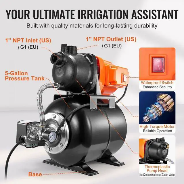 Alt view image 6 of 7 - VEVOR 1HP Shallow Well Pump with Pressure Tank 1000GPH Irrigation Booster Pump