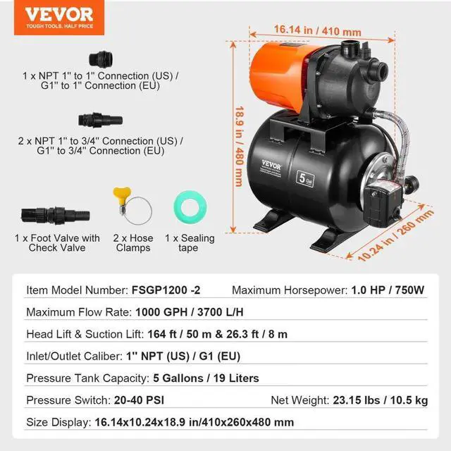 Alt view image 7 of 7 - VEVOR 1HP Shallow Well Pump with Pressure Tank 1000GPH Irrigation Booster Pump