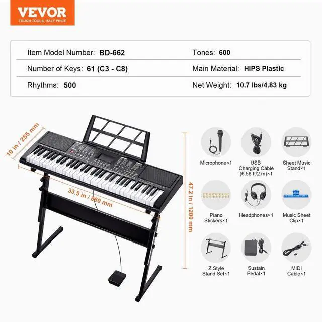 Alt view image 7 of 7 - VEVOR 61 Key Digital Keyboard Piano Electric Portable with Adjustable Stand
