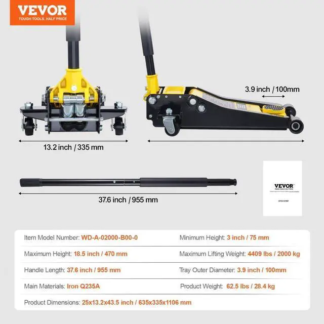 Alt view image 7 of 7 - VEVOR Low Profile Floor Jack 2 Ton Heavy Duty Dual Piston Rapid Pump