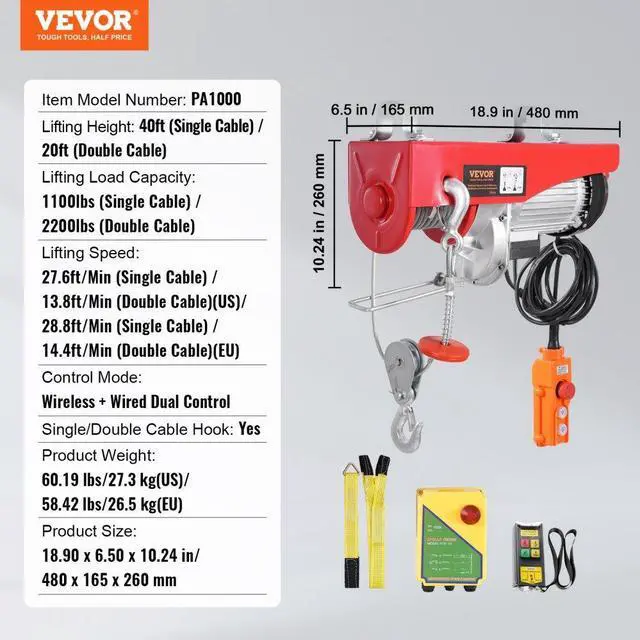 Alt view image 7 of 7 - VEVOR  Electric Hoist Crane Winch 2200 lbs 328 ft Wireless & 14 ft Wired Remote