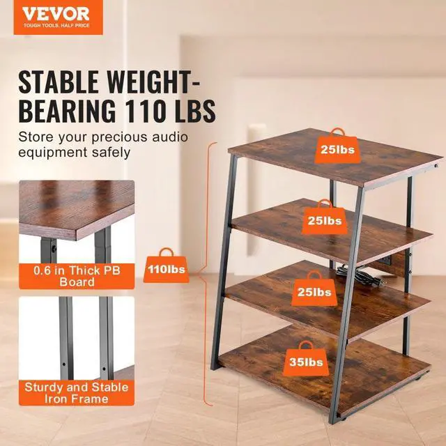 Alt view image 2 of 7 - VEVOR 4-Tier AV Media Stand with Power Strips, Corner TV Stand with LED Lights, Height Adjustable Wooden Shelves for DVD Players/Cable Boxes/Games Consoles, Brown