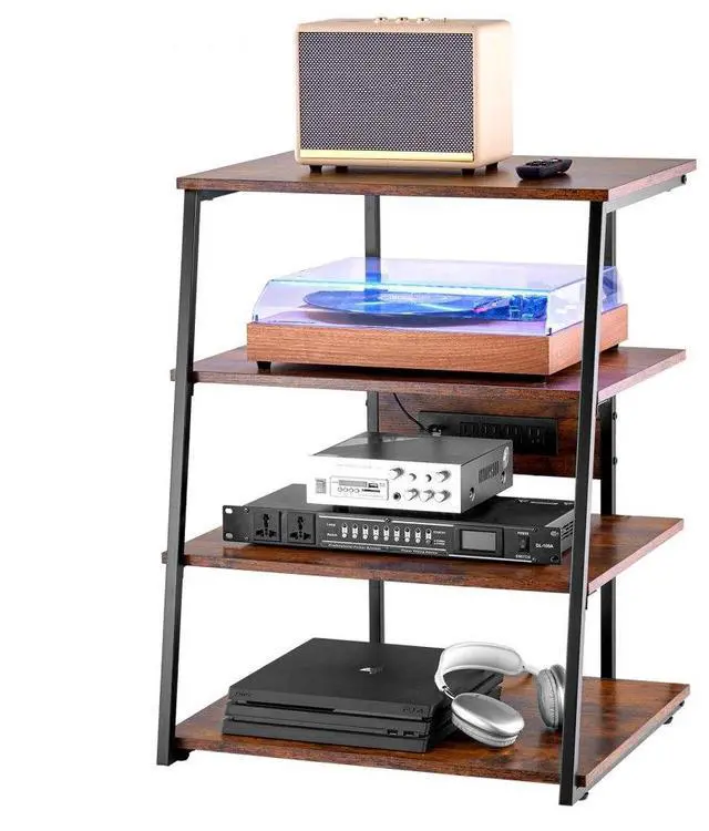 Main image of VEVOR 4-Tier AV Media Stand with Power Strips, Corner TV Stand with LED Lights, Height Adjustable Wooden Shelves for DVD Players/Cable Boxes/Games Consoles, Brown