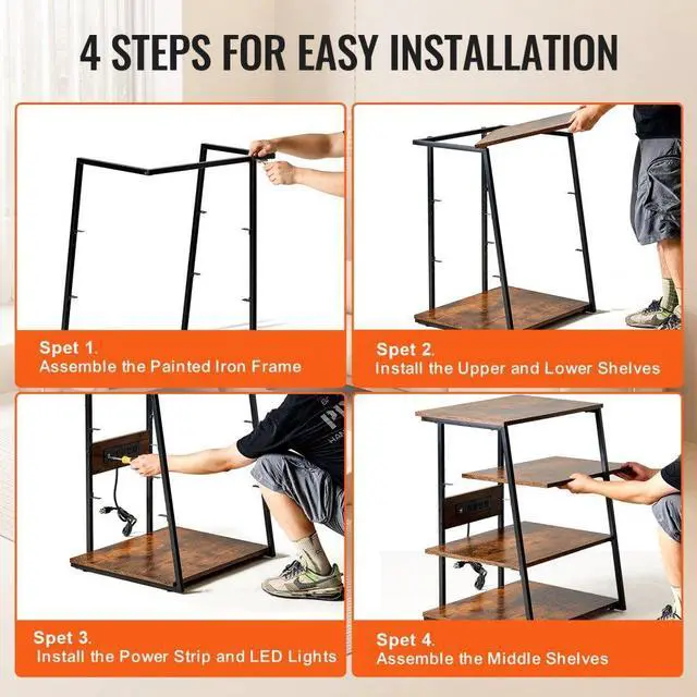 Alt view image 5 of 7 - VEVOR 4-Tier AV Media Stand with Power Strips, Corner TV Stand with LED Lights, Height Adjustable Wooden Shelves for DVD Players/Cable Boxes/Games Consoles, Brown