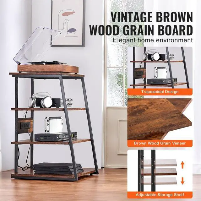 Alt view image 3 of 7 - VEVOR 4-Tier AV Media Stand with Power Strips, Corner TV Stand with LED Lights, Height Adjustable Wooden Shelves for DVD Players/Cable Boxes/Games Consoles, Brown