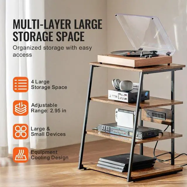 Alt view image 6 of 7 - VEVOR 4-Tier AV Media Stand with Power Strips, Corner TV Stand with LED Lights, Height Adjustable Wooden Shelves for DVD Players/Cable Boxes/Games Consoles, Brown