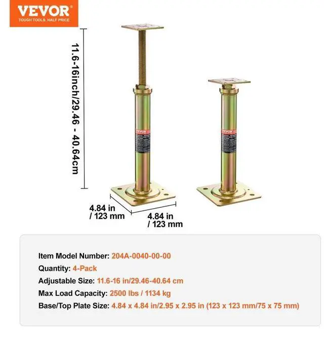 Alt view image 7 of 7 - VEVOR 4PCS Adjustable Floor Jack Post House Floor Leveling Lift 11.6"-16" Height