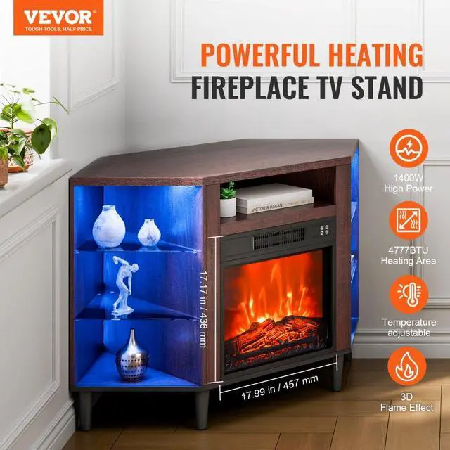 Alt view image 2 of 7 - VEVOR Fireplace TV Stand for TVs 42", Media Storage Corner with 18" Fireplace, Storage Drawers & Cabinets, Pastoral TV Console Table with 20 LED Lights, Remote Control and Timer for Living Room, Brown