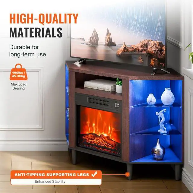 Alt view image 3 of 7 - VEVOR Fireplace TV Stand for TVs 42", Media Storage Corner with 18" Fireplace, Storage Drawers & Cabinets, Pastoral TV Console Table with 20 LED Lights, Remote Control and Timer for Living Room, Brown