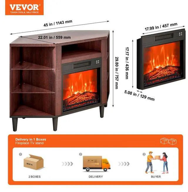 Alt view image 7 of 7 - VEVOR Fireplace TV Stand for TVs 42", Media Storage Corner with 18" Fireplace, Storage Drawers & Cabinets, Pastoral TV Console Table with 20 LED Lights, Remote Control and Timer for Living Room, Brown