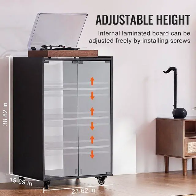 Alt view image 4 of 7 - VEVOR  5-Tier AV Media Stand with Wheels, Wooden Audio-Video Media Stand for DVD Players/Cable Boxes/Games Consoles, Height-Adjustable Media Storage Cabinet for Gaming, Recording Room, Black