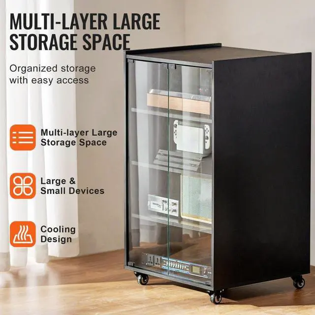 Alt view image 5 of 7 - VEVOR  5-Tier AV Media Stand with Wheels, Wooden Audio-Video Media Stand for DVD Players/Cable Boxes/Games Consoles, Height-Adjustable Media Storage Cabinet for Gaming, Recording Room, Black