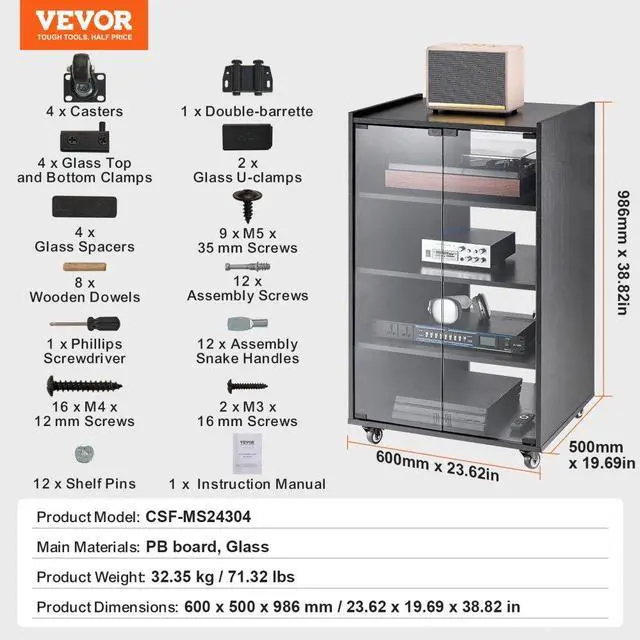 Alt view image 7 of 7 - VEVOR  5-Tier AV Media Stand with Wheels, Wooden Audio-Video Media Stand for DVD Players/Cable Boxes/Games Consoles, Height-Adjustable Media Storage Cabinet for Gaming, Recording Room, Black