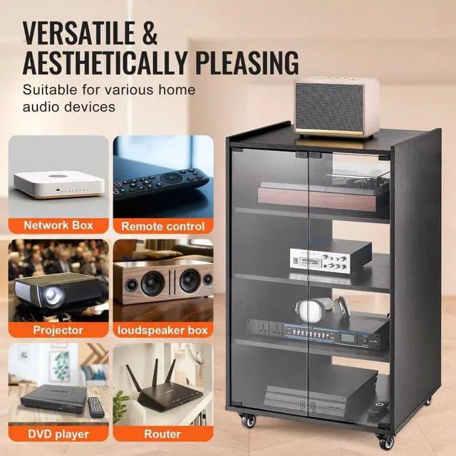 Alt view image 6 of 7 - VEVOR  5-Tier AV Media Stand with Wheels, Wooden Audio-Video Media Stand for DVD Players/Cable Boxes/Games Consoles, Height-Adjustable Media Storage Cabinet for Gaming, Recording Room, Black