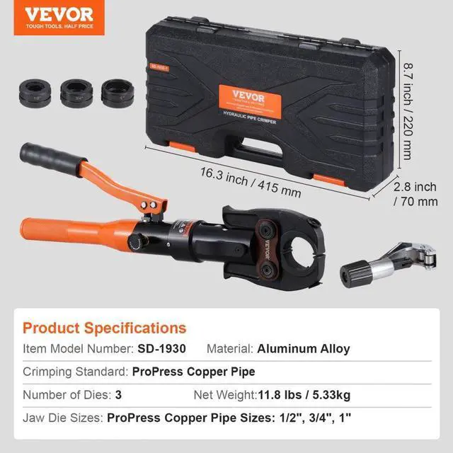 Alt view image 7 of 7 - VEVOR Copper Tube Fittings Crimping Tool with 1/2" 3/4" 1" Jaws Pipe Cutter