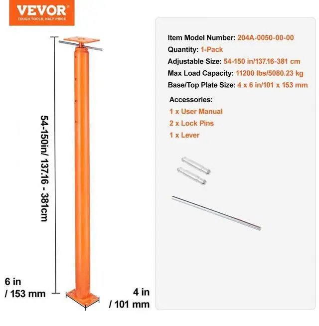 Alt view image 7 of 7 - VEVOR Adjustable Floor Jack Post House Floor Leveling Lift 54"-150" Height Range